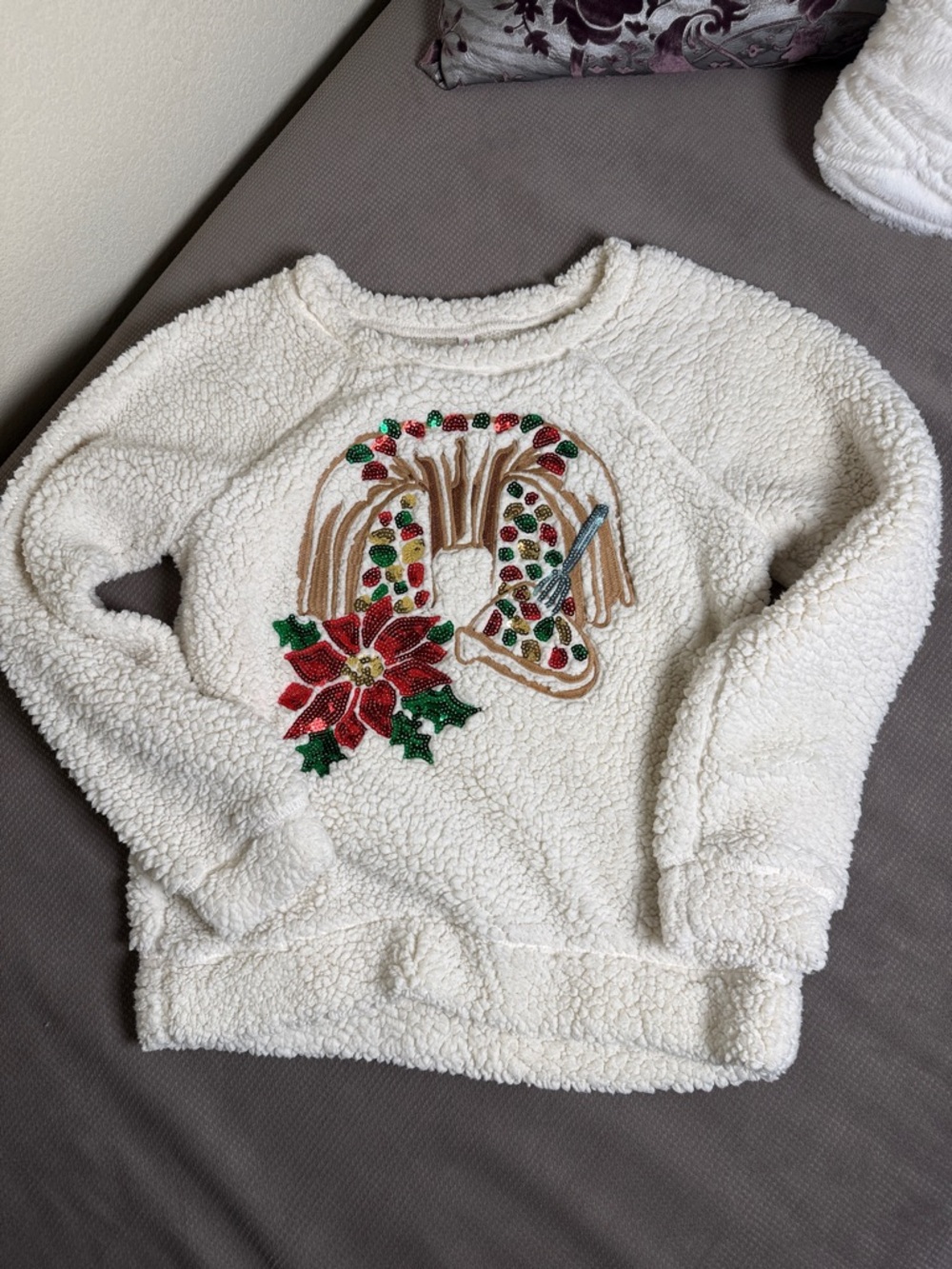 Xhilaration Cream Sherpa Holiday Fruit Cake Ugly Sweater